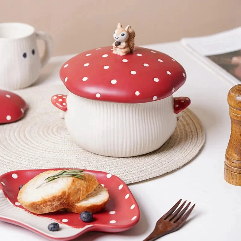 Ceramic Mushroom Chipmunk Lidded Pot